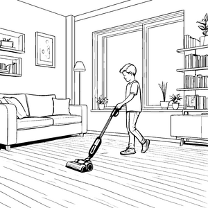 Entzückender Junge mit Staubsauger im Wohnzimmer Malvorlage für kleine Sauberkeitshelden