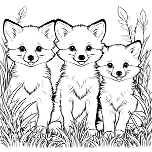Drei charmante Fuchs-Welpen beim Spielen im Gras Ausmalmotiv für fantasievolle Abenteuerlustige