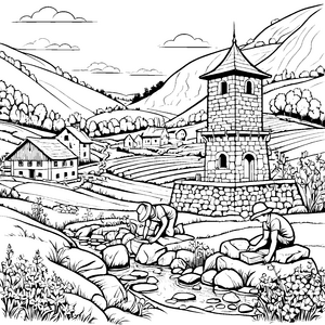Majestätischer Steinturm über malerischem Fluss Ausmalbild für kleine Naturforscher