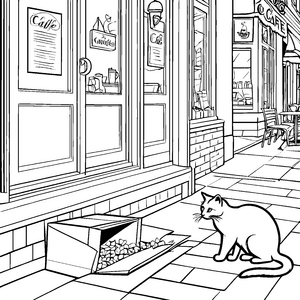 Neugierige Katze entdeckt geheime Leckereien Ausmalbild für kleine Gourmetentdecker