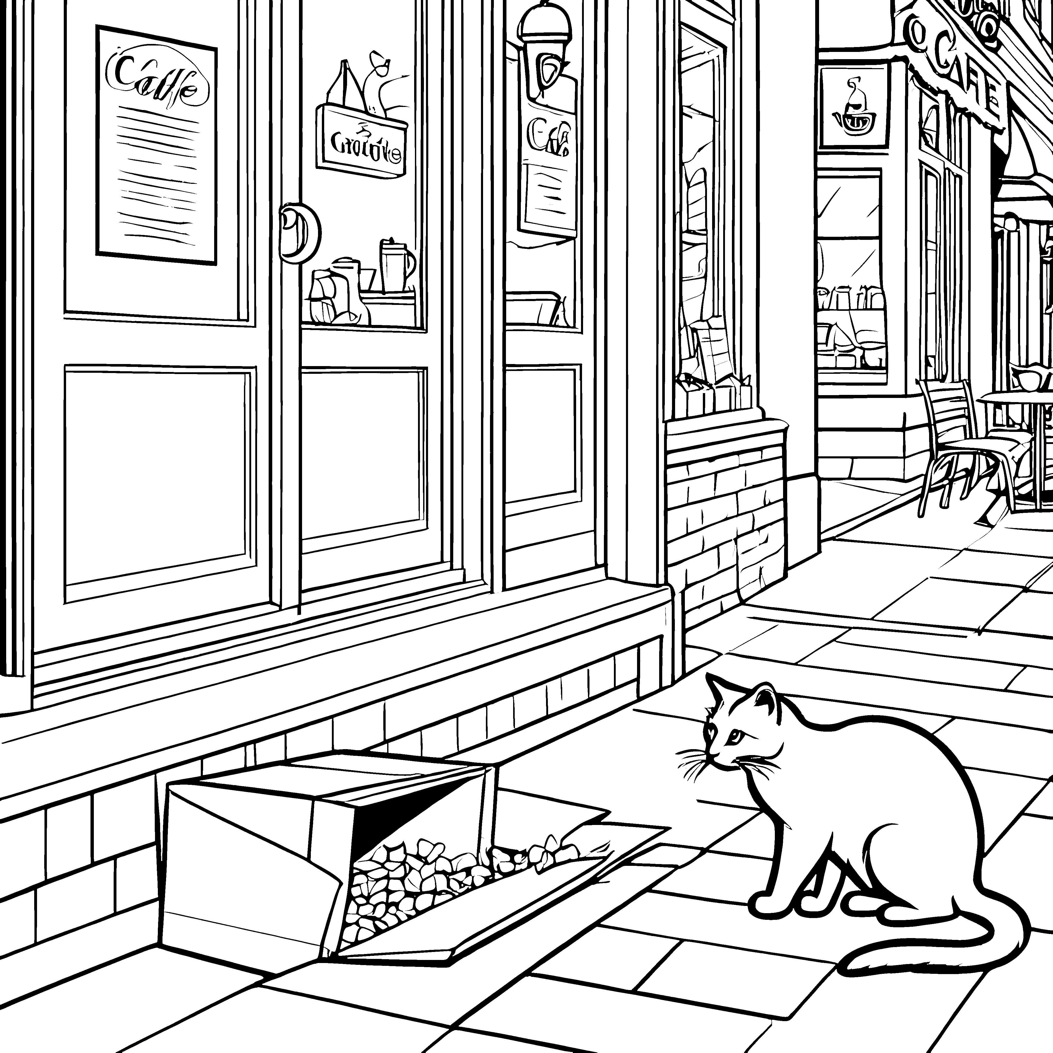 Neugierige Katze entdeckt geheime Leckereien Ausmalbild für kleine Gourmetentdecker