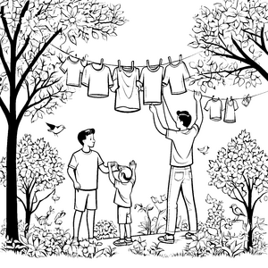 Fröhliche Wäscheleine mit frischen Kleidungsstücken Ausmalvorlage für kleine Familienentdecker