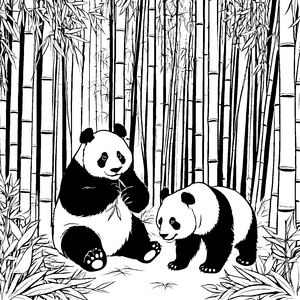 Frohes Pandapärchen im Bambuswald Ausmalmotiva für kleine Naturforscher