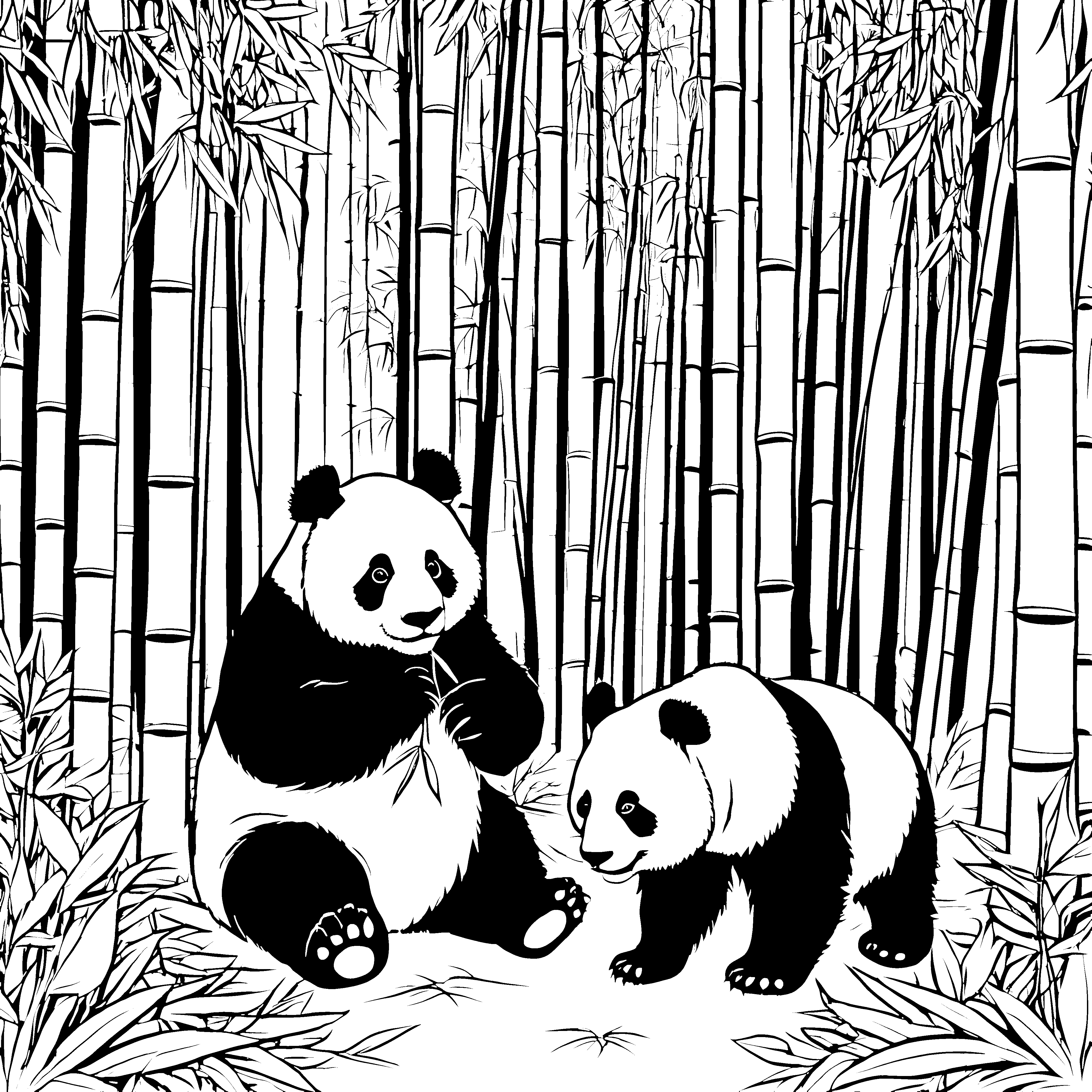 Frohes Pandapärchen im Bambuswald Ausmalmotiva für kleine Naturforscher