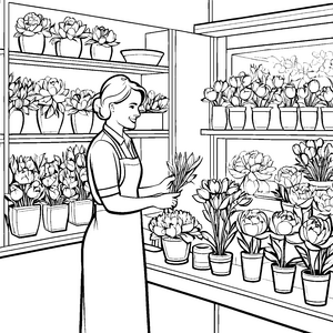 Verblüffende Floristin mit duftenden Blütensträußen Ausmalvorlage für fantasievolle Naturkünstler