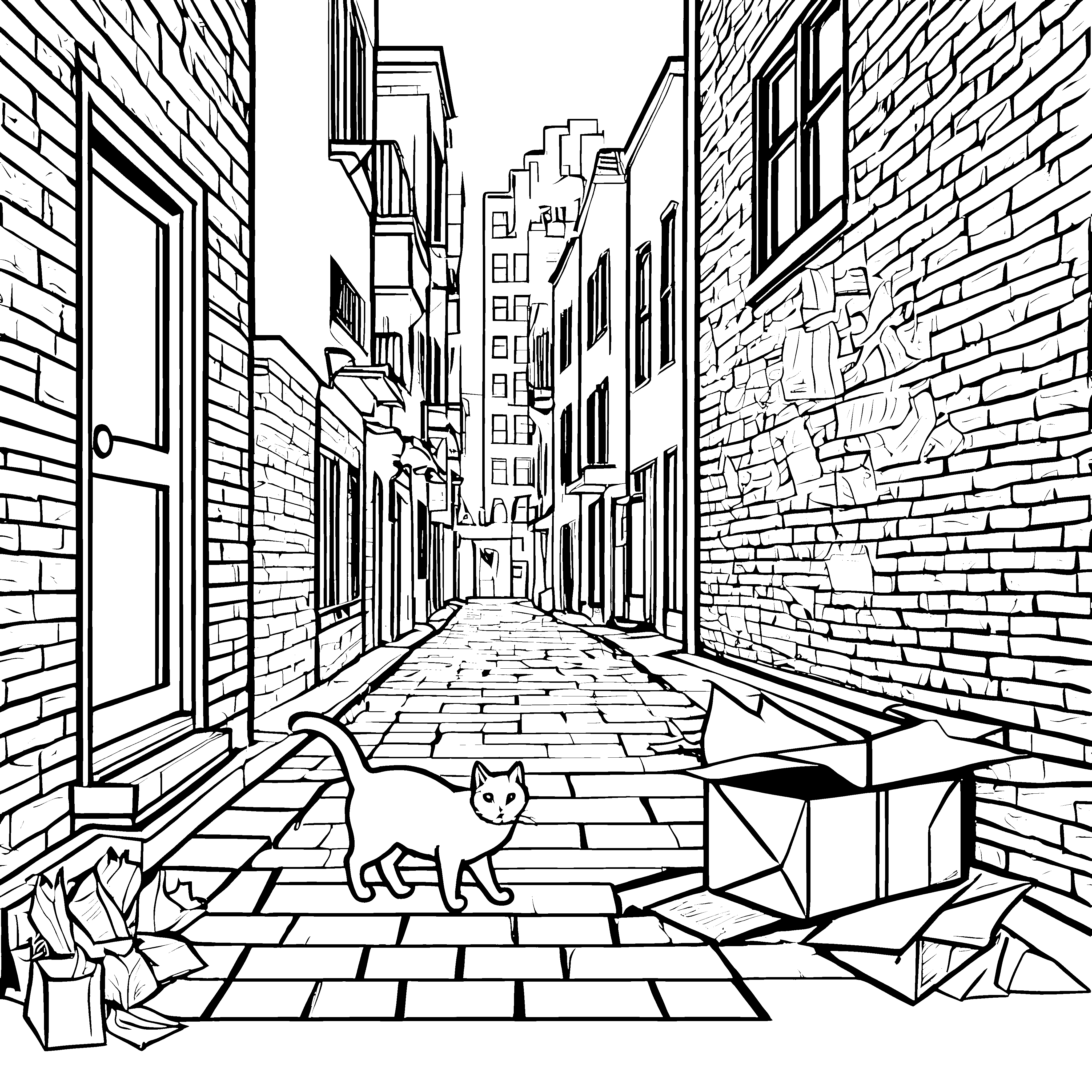 Neugierige Straßenkatze in der lebhaften Gasse Ausmalbild für junge Stadtgenießer