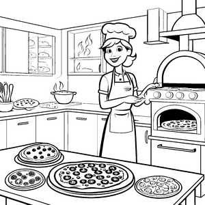 Kreative Pizzabäckerin bei der Teigzubereitung Ausmalvorlage für kleine Küchenprofis
