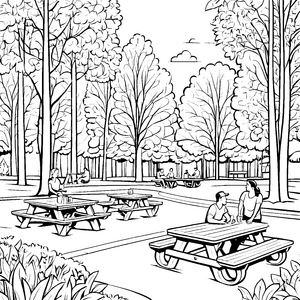 Gemütlicher Picknicktisch im Park mit plätscherndem Hund Ausmalbild für abenteuerlustige Naturfreunde und fröhliche Entdecker