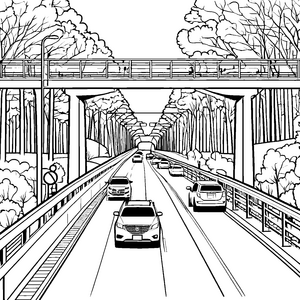 Belebte Autobahn mit fahrenden Autos Ausmalbild für neugierige Kinder