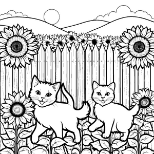 Süße Bauernhofkatzen zwischen strahlenden Sonnenblumen Malvorlage für kreative Naturfreunde