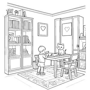 Fantasievoller Junge liest Buch mit süßer Katze Ausmalmotivation für kleine Bücherwürmer und kreative Träumer