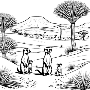 Drei neugierige Erdmännchen Jungtiere in der Wüste Ausmalbild für kleine Entdecker und kreative Abenteuerer