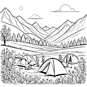 Faszinierende Zeltlandschaft mit neugierigen Campern Ausmalbild für junge Abenteuerlustige