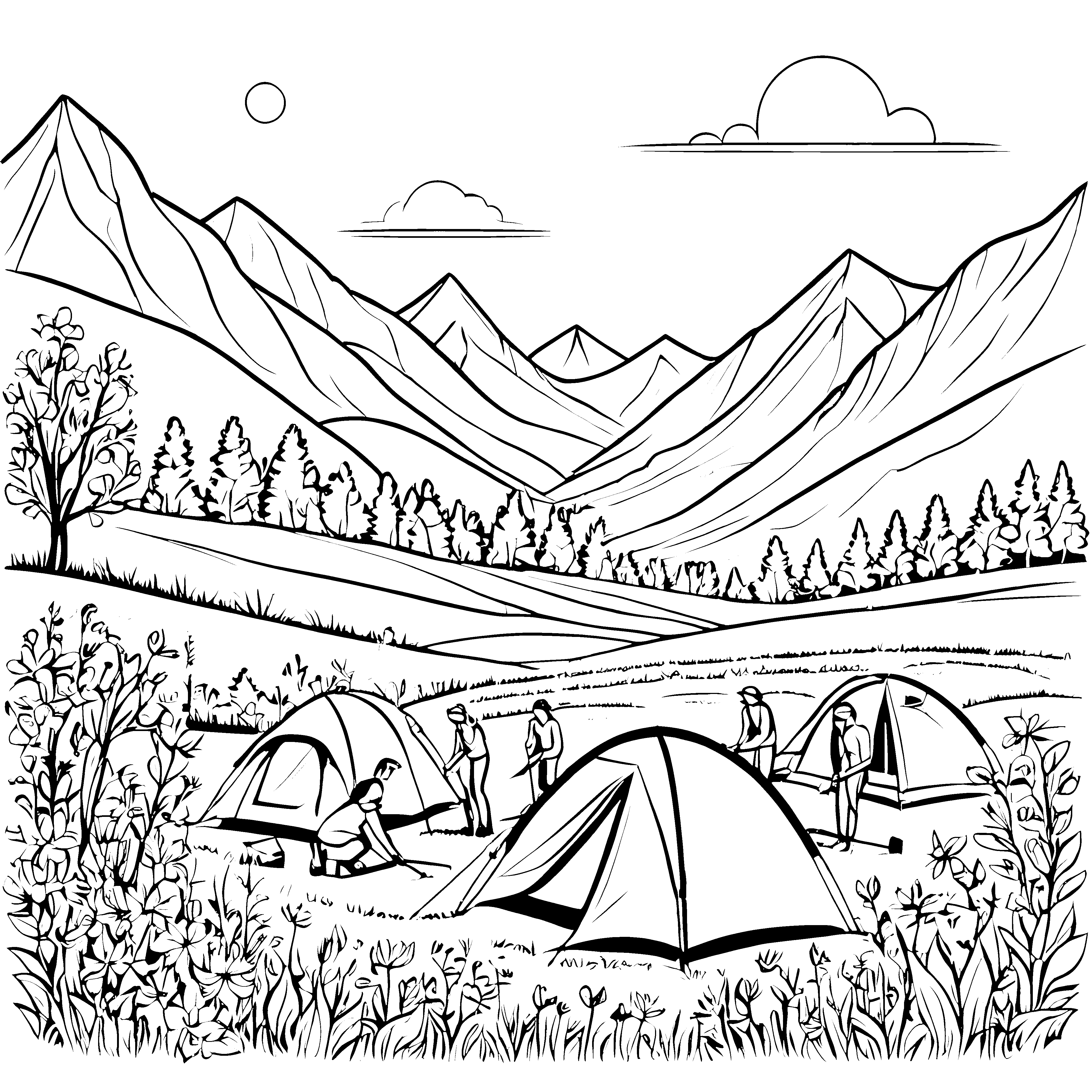 Faszinierende Zeltlandschaft mit neugierigen Campern Ausmalbild für junge Abenteuerlustige
