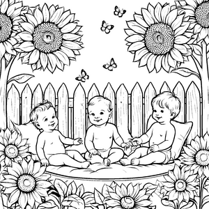 Kreative Babys im Garten mit Blumen und Schmetterlingen Malvorlage für strahlende Abenteuerlustige