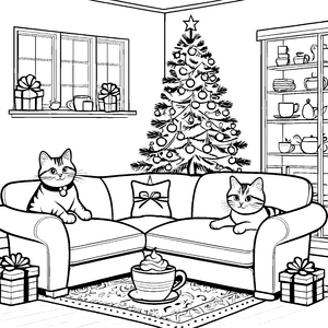 Gemütliche Katzen vor festlichem Weihnachtsbaum Ausmalbild für kreative Tierfreunde