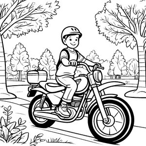 Fröhliches Kind auf cooler Motorradfahrt Ausmalvorlage für kleine Abenteuerlustige