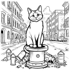 Witzige Straßenkatze auf Mülltonne Malvorlage für abenteuerlustige Künstler