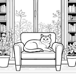 Grummelige Katze auf gemütlichem Sessel Malvorlage für kreative Stubentiger