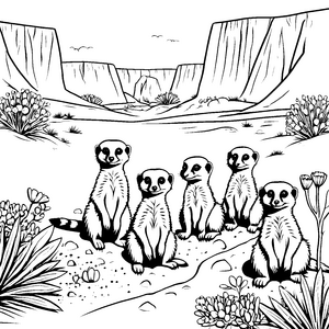 Fünf neugierige Erdmännchen Jungtiere in der Wüste Ausmalvorlage für kleine Entdecker und kreative Tierliebhaber