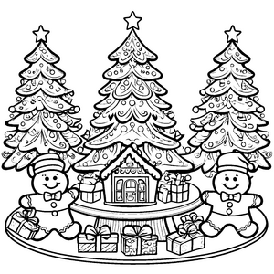 Drei fröhliche Lebkuchenmänner vor strahlendem Weihnachtsbaum Ausmalbild für festliche Entdecker