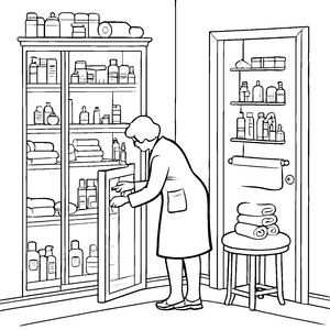 Kreative Frau mit bunten Fläschchen im Medizinschrank Ausmalvorlage für neugierige kleine Gesundheitskünstler
