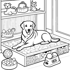 Gemütliches Hundekörbchen mit bunten Spielbällen Ausmalvorlage für fröhliche Tierfreunde