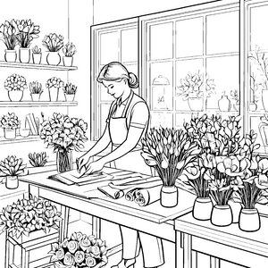Fesselnde Blumenarbeiterin bei kreativen Arrangements Ausmalmotiv für blühende Künstlerseelen