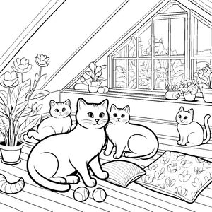 Schmusekatzen beim Spiel in der gemütlichen Ecke Ausmalvorlage für kuschelige Entdecker
