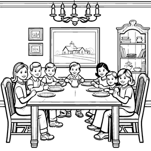 Gemütliches Abendessen mit der Familie am Massivholztisch Ausmalvorlage für fröhliche Küchenzauberer und junge Genussfreunde