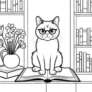 Grummelige Katze auf aufgeschlagenem Buch Ausmalvorlage für wissbegierige Tierfreunde