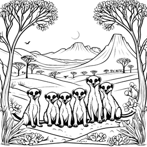 Sechs spitzbübische Erdmännchen Jungtiere im Gras Ausmalbild für neugierige Tierfreunde und kleine Abenteuerlustige