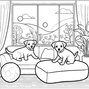 Verspielte Welpen auf kuscheligem Sofa Ausmalangebot für junge Tierfreunde