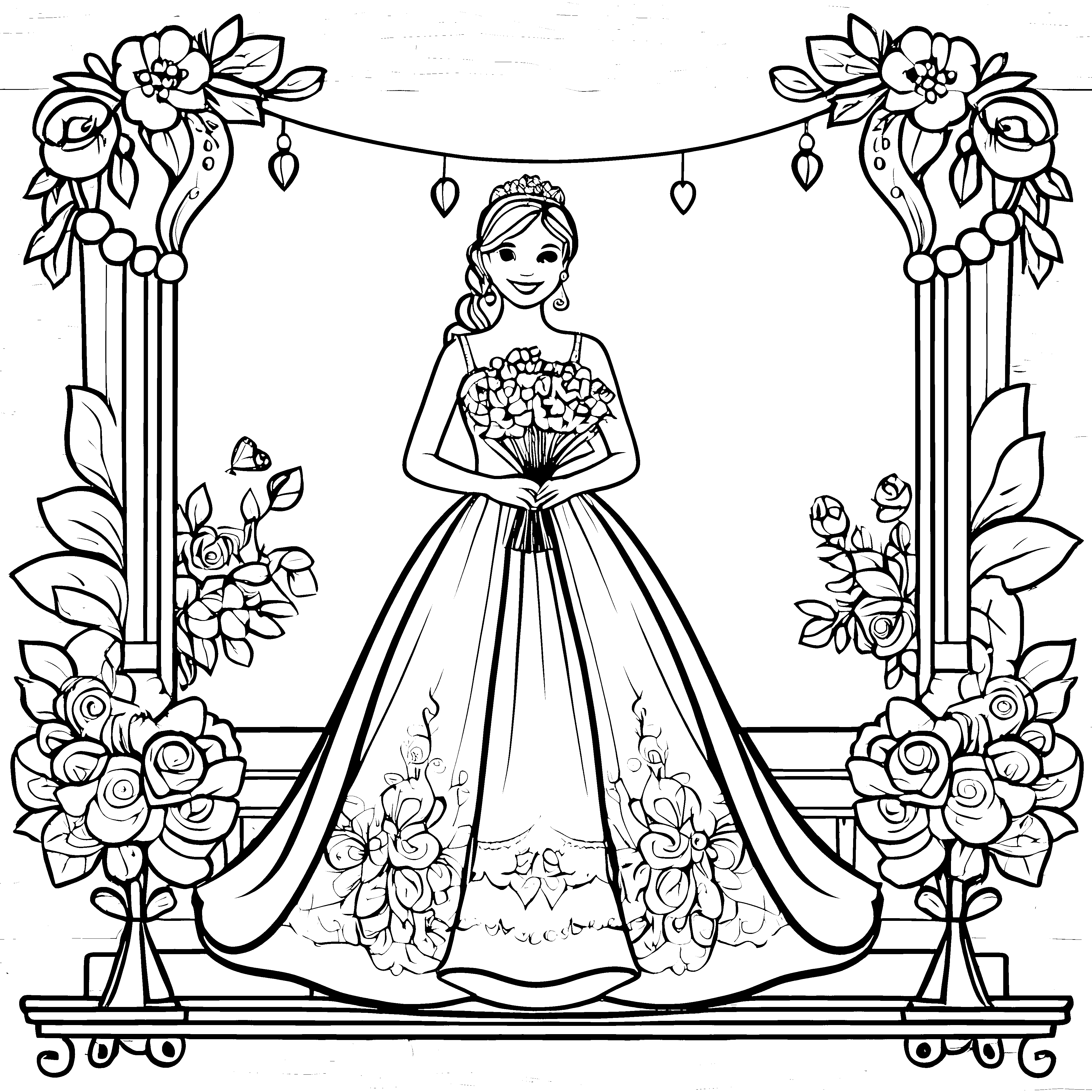 Elegantes Hochzeitskleid mit blühendem Brautstrauß Ausmalbild für romantische Träumer