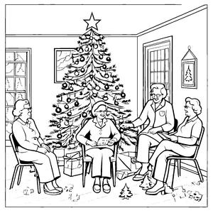 Fröhliche Seniorenrunde um den festlichen Weihnachtsbaum Ausmalbild für jubilierende Freude-Finder