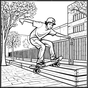 Akrobatischer Skateboarder auf coolem Gelände Ausmalbild für junge Action-Fans