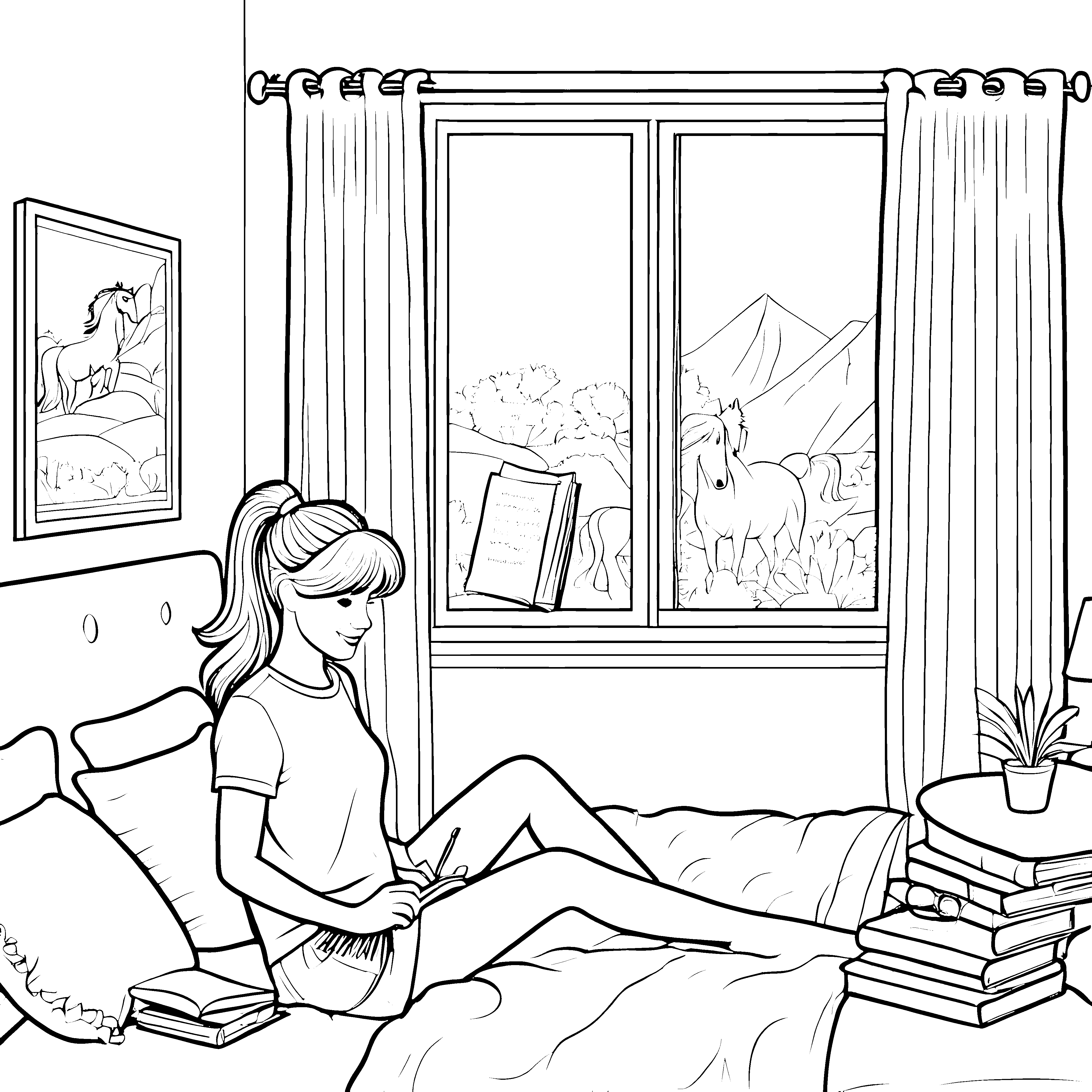 Fransenpony auf gemütlichem Bett mit Büchern Ausmalbild für träumende Geschichtenerzähler