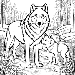 Bezaubernde Wolfsfamilie unter dem strahlenden Mond Ausmalbild für junge Naturentdecker