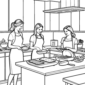 Drei köstliche Gerichte zaubern fröhliche Frauen Ausmalbild für hungrige Küchenkünstler