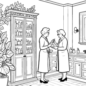 Gesprächige Frauen vor einem geheimnisvollen Medizinschrank Ausmalmotiv für neugierige kleine Gesundheitsforscher