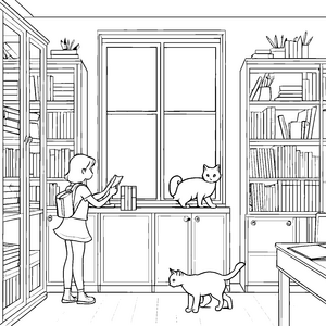 Bezaubernde Lesestunde mit Katze und Mehrzweckschrank Ausmalbild für neugierige kleine Entdecker