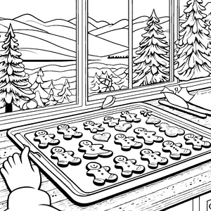 Lebkuchenmänner im Winterzauber Ausmalbild für kleine Backkünstler