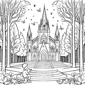 Faszination Kirche mit lesendem Kind Malvorlage für kreative Träumer