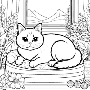 Grimmige Katze auf gemütlichem Plätzchen Malvorlage für pfiffige Tierfreunde