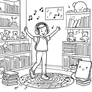 Begeisterte Tänzerin mit Kopfhörern und Büchern Ausmalmotiv für kleine Musikliebhaber
