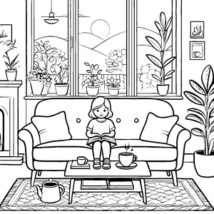 Gemütliches Retro-Sofa mit einer kleinen Leserin Ausmalvorlage für kreative Träumer