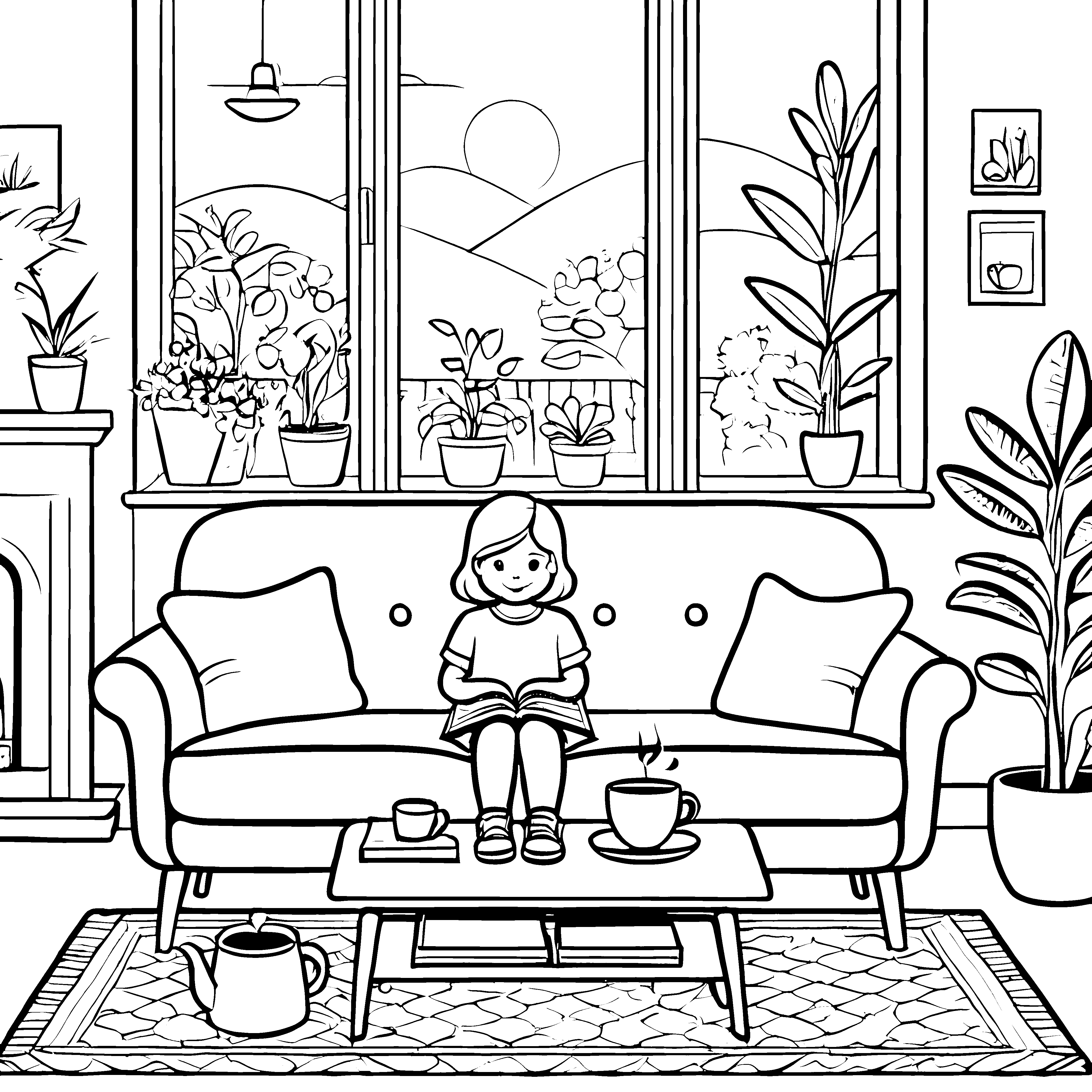 Gemütliches Retro-Sofa mit einer kleinen Leserin Ausmalvorlage für kreative Träumer