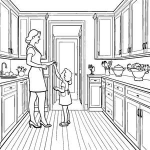 Herzliche Küchenszene mit Mutter und Kind Ausmalmotiv für kleine Küchenabenteurer