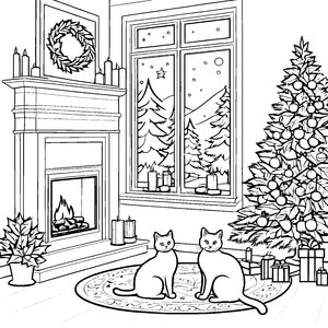 Gemütliche Katzen vor festlicher Weihnachtsdeko Ausmalvorlage für liebevolle Tierfreunde