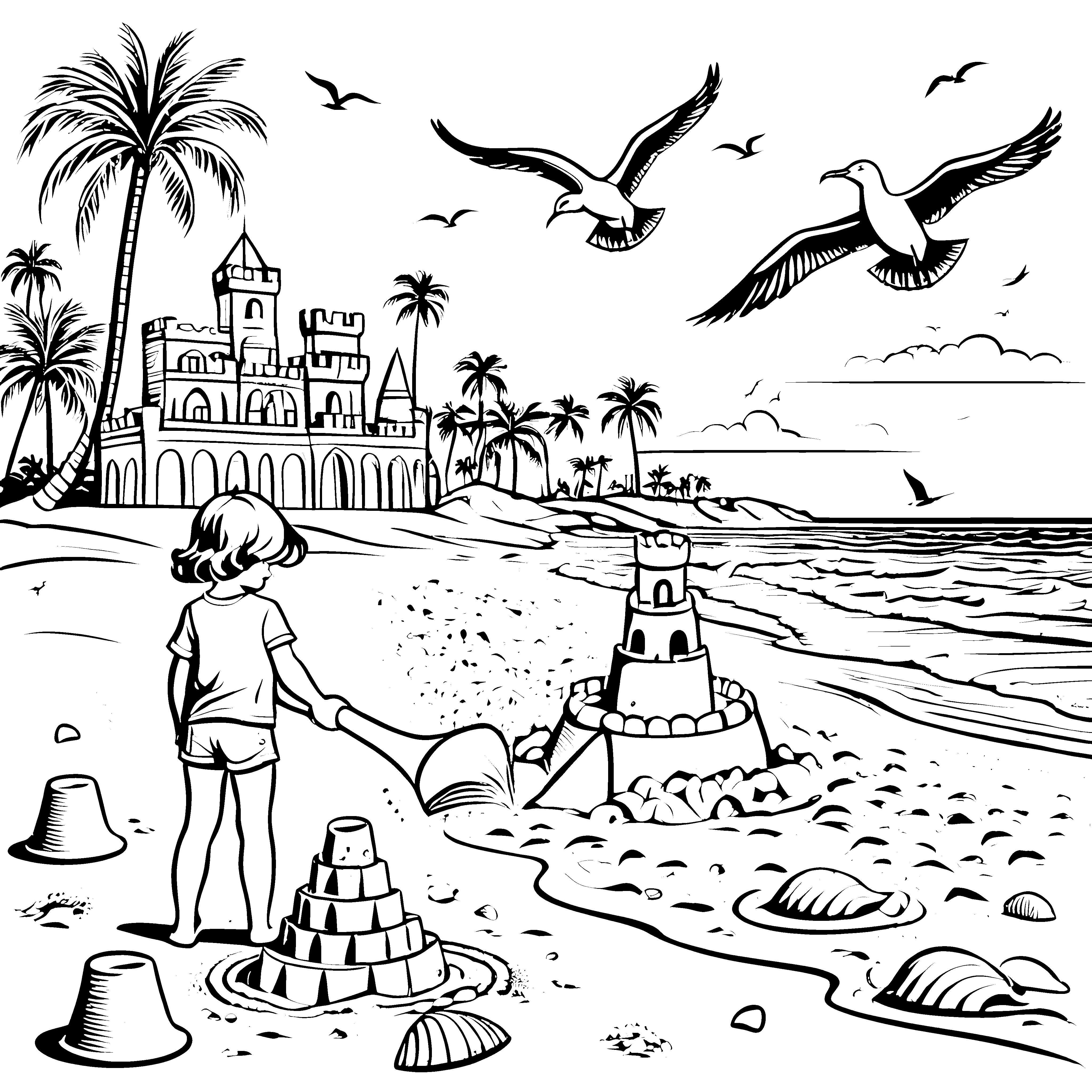 Lustige Muschelsammler mit zauberhaftem Sandkastell Ausmalmotiv für spielerische Küstenerforscher